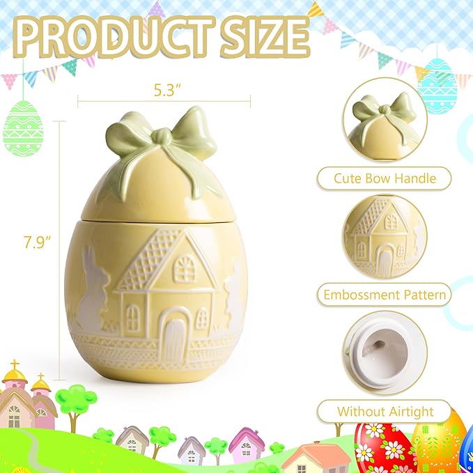 Easter Bunny Cookie Jar with Lid, Yellow Egg Candy Jar, Embossment Bunny Decorative Ceramic Storage Container Jar, Yellow Easter Bunny Egg Decorations for Home Kitchen Indoor Best Easter Gift