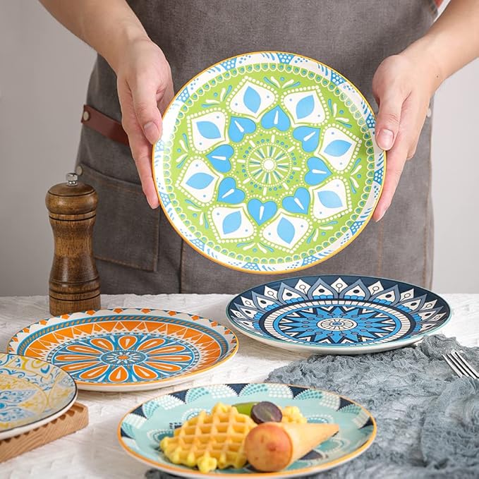 Dessert Plate Set of 6-8 Inch Ceramic Salad and Appetizer Plates - Vibrant Mix-and-Match Colors - Dishwasher and Microwave Safe