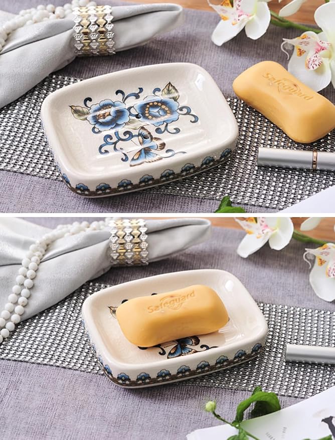 Kelake Ceramic Soap Dish Creative Ice Crack Ceramic Blue Butterfly and Flower Pattern Soap Dish Holder for Bathroom and Shower Soap Tray Box with Drain Gift for Mum Family