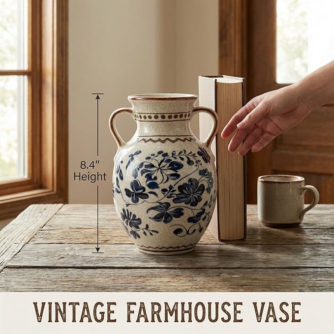 EFISPSS Ceramic Vintage Vase,Spring Decor Unique Chinese Crackle Floral Handle for Dining Room Mantle Living Room,Blue 8.4In
