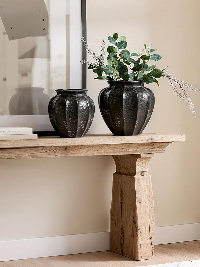 LE TAUCI 9" Ceramic Vase, Artisan Large Black Ceramic Vase for Modern Home Decor, Substantial & Stable, Handcrafted Flower Vase, Living Room & Dining Room Table Centerpiece, Distressed Iron Black