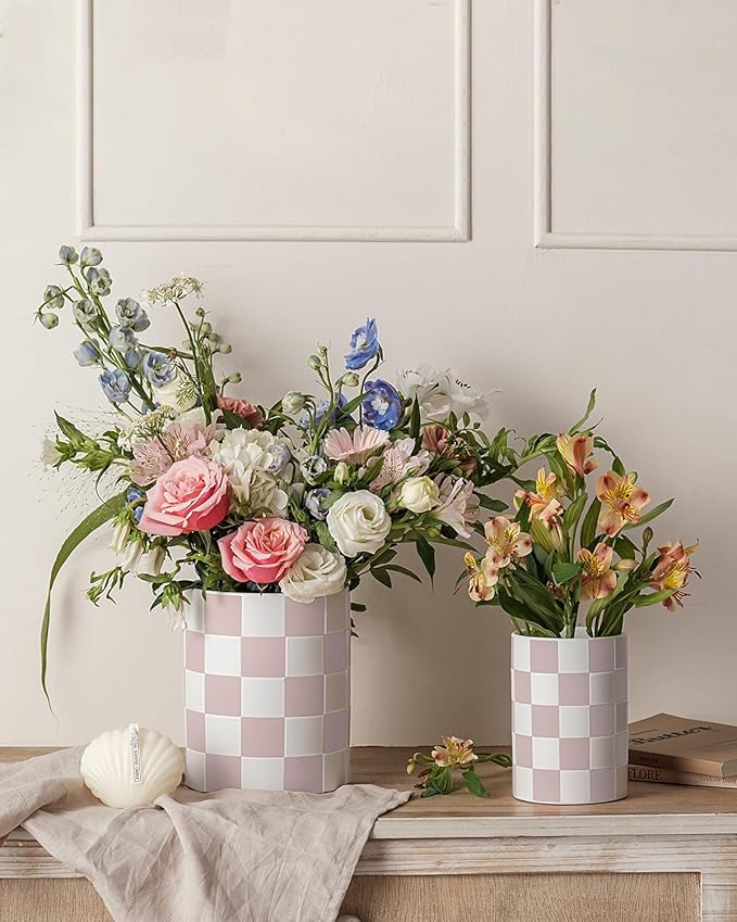 Utensil Holder，7.1"+5.8" Ceramic Kitchen Utensil Holder for Counter top, Checkered Cooking for Spatula & Spoon, Kitchen Decor, Set of 2 (Purplish-pink Checkered)