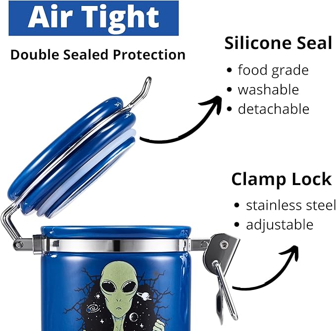 Alien Smell Proof Jar Half Oz (250ml), Separate Space for Humidity Pack To Keep Herbs Fresh For Months - Ceramic Smell Proof Containers, ET Stash Jar with Clamp Lid - Double Sealed Airtight Jar - Blue