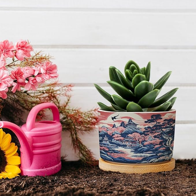 Pink Blue Chinoiserie Ceramic Planters Coral Chinoiserie Chic Asian Flower Pots for Indoor Plants with Drainage Holes and Saucers Pot for Pots Outdoor Indoor Plants