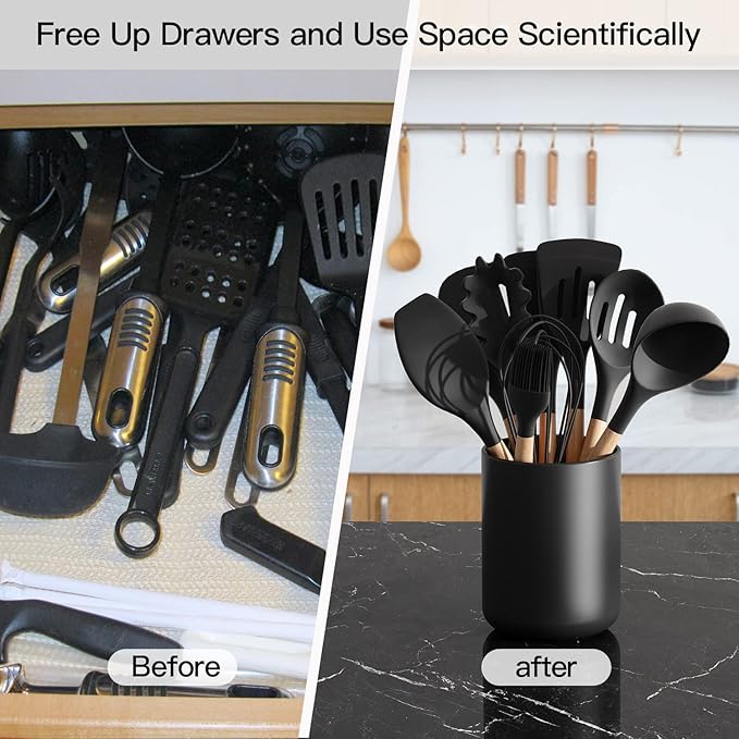Matte Black Utensil Holder for Kitchen Counter, Ceramic Kitchen Utensils Holder for Countertop Easy to Clean, High 6.4” Modern Cooking Spatula Holder Crock for Home decor 4.5×6.4 In