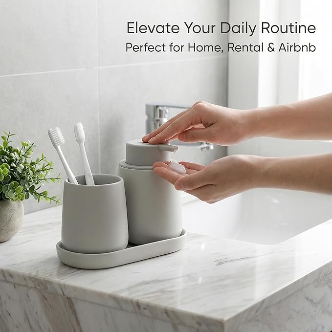 BosilunLife Bathroom Accessories Set 3 pcs - Bathroom Ceramic Foaming Soap Dispenser Set Farmhouse Bathroom Decor, Foam Soap Dispenser and Toothbrush Holder with Tray, Light Grey