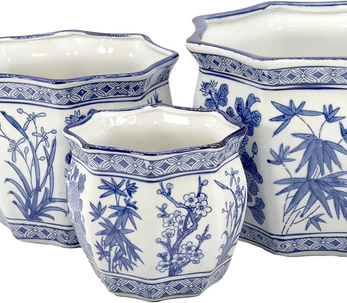 Galt International Blue & White Round Fluted Floral Palm Lotus Porcelain Ceramic Plant Flower Planter Pot Set of 3 (7.5", 10", 13") Garden Pots Chinese Asian Design