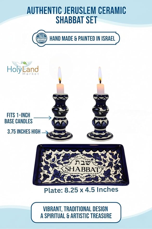 Holy Land Market Shabbat Candlesticks Set - Colorful Ceramic Shabbat Candle Holders Set with Matching Plate for Holidays, Blue