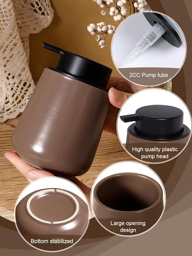 INGOFIN Ceramic Lotion Dispenser - 12 oz Hand Soap Dispenser Bathroom, Modern Liquid Dispenser with Pump, Refillable Dish Soap Bottle for Kitchen, Matte Brown