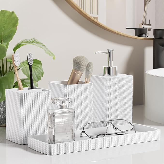White Bathroom Set, White Bathroom Accessories Sets with Shower Curtain and No-Slip Bath Rugs, Natural Loofah Sponge, Soap Dispenser, Toothbrush Holder, Toothbrush Cup and Tray for Bathroom