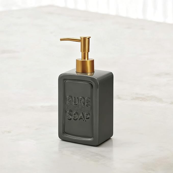 Ceramic Retro Soap Dispenser with Gold Pump, 15oz Capacity, Premium Ceramic Design for Bathroom or Kitchen (Grey)