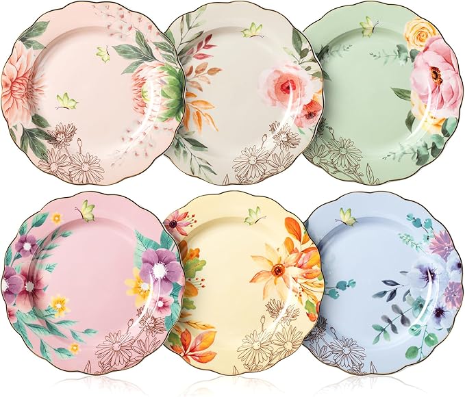 BTaT- Porcelain Floral Plates, 8 inch, Set of 6, Royal Dessert Plates, Appetizer Plates, Floral Plates, Salad Plates, Small Plates, Small Plates Set, Small Dishes, Dinnerware