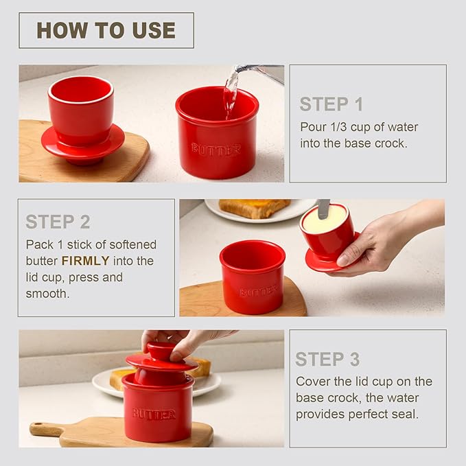 Butter Crock with Lid for Countertop - Ceramic French Butter Dish for Spreadable Soft Butter, Butter Container Holder with a Water Seal, Housewarming Gift, Kitchen and Home Decor, Red