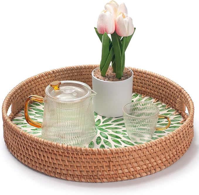YANGQIHOME Round Serving Tray with Decorative Mother of Pearl Inlay, Woven Rattan Tray for Home Decor, Table Decor, Gifts, Dining, Food, Fruit, Coffee, 13.8 inch
