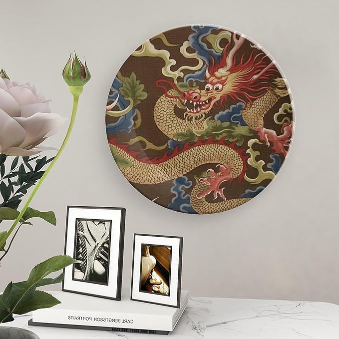 Dragon Gold Oriental Style Asian Ceramic Decorative Plate of 6", 7", 9", 10", Personalized Ceramic Display Plate, Wedding Kitchen Decorations Home, 1 Plate with 1 Display Stand
