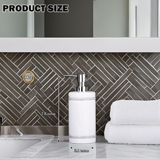17 OZ Hand Liquid&Lotion Soap Dispenser Pump Bottle Ceramic White for Kitchen Bathroom Countertop Laundry Room Holds Dish Soap Shampoo Laundry Liquid Shower Gel (Inlaid Rhinestone) (White)