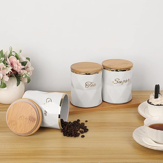 JUXYES Set of 3 Ceramic Canisters Set for Sugar Coffee Tea, Luxurious Storage Containers Set with Lids Decorative Storage Pots White Ceramic Storage Jar for Kitchen Counter Dining Room