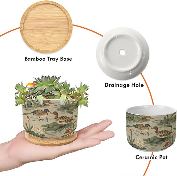 3 Piece Ceramics Plant Pot and Duck Garden Small Ceramics Planter Green Water Lily Chinoiserie Flower Succulent Pot Traditional Chinese Chinoiserie Plant Pot with Drainage Holes