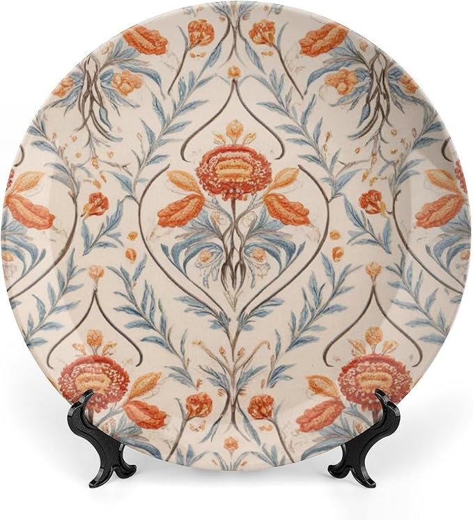 Vintage Orange Floral Fashion Plates, Birds Floral Pattern Customize Ceramic Dinner Plates for Art Decoration Wedding Display Decor, 1 Plate with 1 Display Stand Art Decorations for Household Club