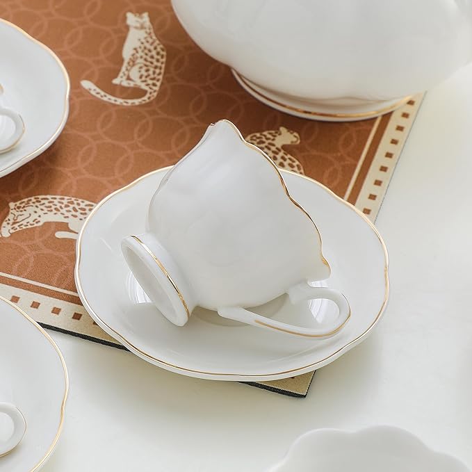 White Porcelain Demitasse Set of 8 (16-Piece) - 2.5oz Espresso Cups & Saucers, Elegant White & Gold Trim Coffee Set for Turkish Coffee, After Dinner, Gift Giving