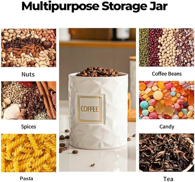 Set of 3 Ceramic Canisters for Sugar Coffee Tea with Tray, White Airtight Food Storage Jars with Wood Lids, Kitchen Counter Storage Containers - 23oz