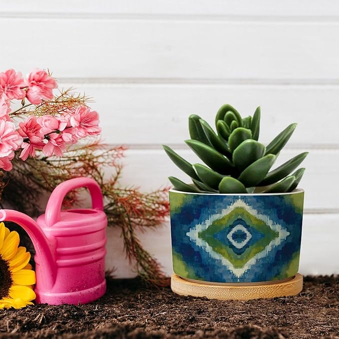 DreamAutumn Blue and Green Geometric Ikat Ceramic Pots for Plants with Drainage Holes Round Flower Pot Bamboo Tray Orchid Pot Succulents Pots for Outdoor Indoor Plants,Housewarming Gifts