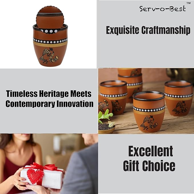 Handmade Cantaritos de Barro Ceramic Tea Cups Set – 6 Desi Kulhad Chai/Coffee (5 oz Capacity), Lead-Free, Dishwasher & Microwave Safe, Glazed, finish Clay Tea/kulhar/kullar - Brown Color
