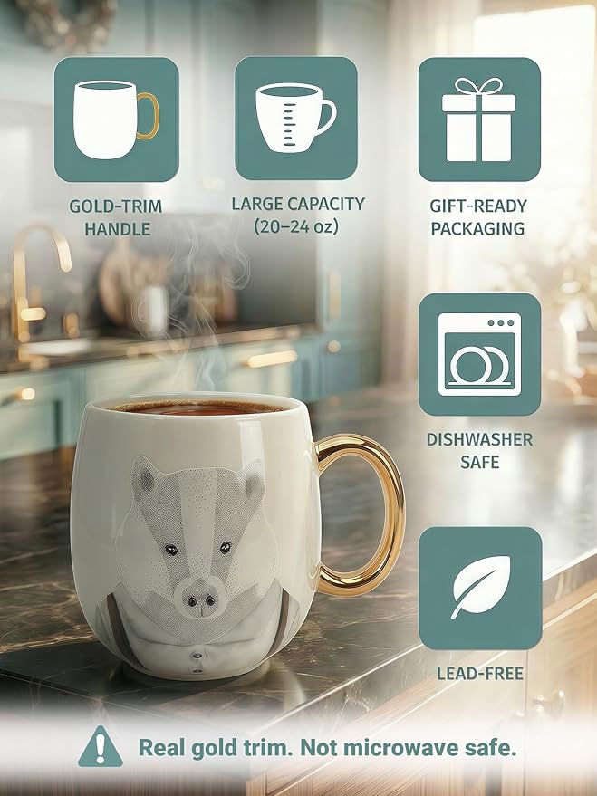 19oz Ceramic Coffee Mug with Gold-Trim Handle, Porcelain Mug for Coffee, Tea & Hot Chocolate, Hand-Painted Artisan Style, Lead-Free, Gift-Ready Box, Not Microwave Safe