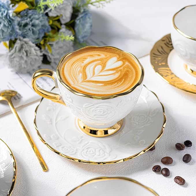 Cappuccino Cups with Saucers Set of 6, 7 OZ Ceramic Coffee Cup Set, Double Espresso Cups with Gold Trim Raised Floral Motif Tea Cup and Saucer Set for Latte, Cafe, Valentine's Day Gifts