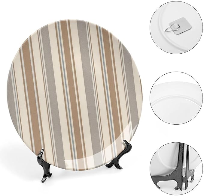 Thibaut Stripes in Brwon And Gray Vintage Plates Decor for Festival Display Home Personalized Christmas Idea Gifts Handmade Decorative Plate with Display Stand And Hook Up, Multi Sizes by Choosing