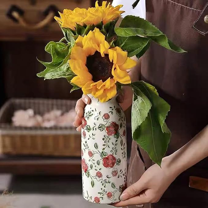 Small Vintage Rustic Flower Vase,Farmhouse Flower Vase for Home Decor,Chinoiserie Ceramic Vases for Table,Bookshelf,Living Room Centerpieces,Boho vases 7.8 Inch