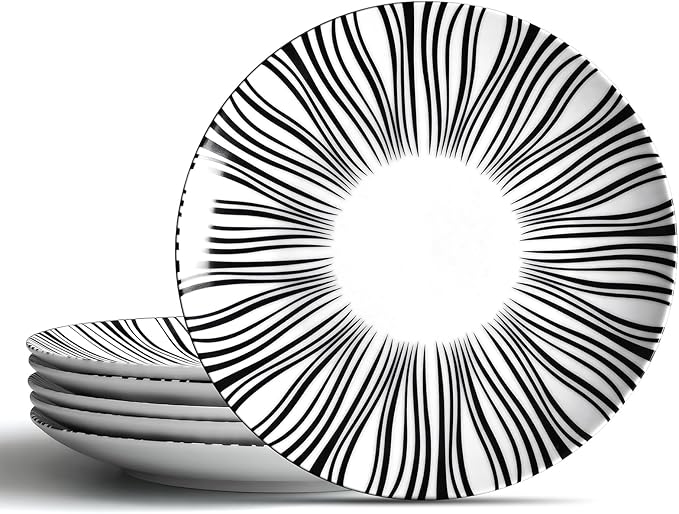 10" Black and White Striped Ceramic Plates Set of 6, Zebra Pattern Dinner Plates Set, Minimalist Porcelain Dish Set, Microwave, Oven & Dishwasher Safe