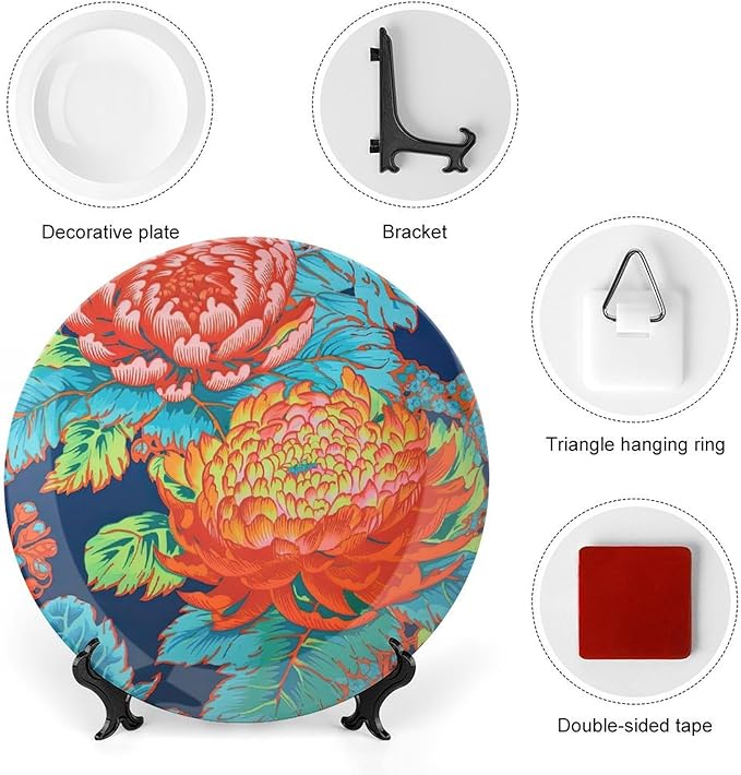 Red Blue Chinoiserie Peony Floral Ceramic Decorative Plate, Personalized Asian Scenic Chic Chinoiserie Hanging Decorative Tiles, Farmhouse Decorations Wall, Including Bracket And Special Hook