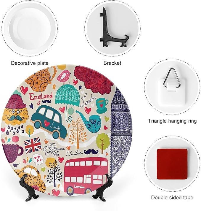 10 Inch Decorative Plate, London Decor Ceramic Craft, Colorful Local Symbols Bus Big Ben Tea Pot Cup Umbrella Hat Retro Print Ceramic Wall Hanging for Home & Office Wall Hanging Decor, Orange Blue