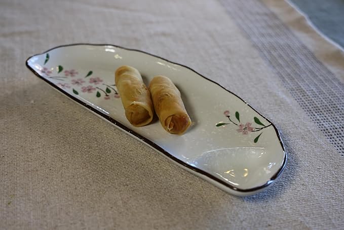 10.8" Half-round Ceramic Japanese Sushi Platter Dumpling Plate with Dipping Saucer for Snack Dessert Salad Fries Gyoza (4Pack, Pink Sakura)