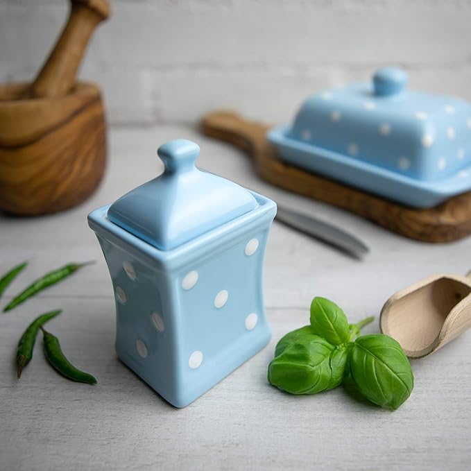 City to Cottage Handmade Small 5.3oz/150ml Ceramic Kitchen Herb, Spice, Storage Jar with Lid, Pottery Canister, Housewarming Gift (Baby Blue Polka Dot)