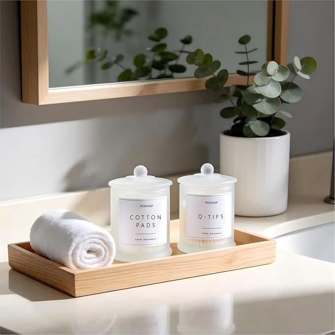 Qtip Holder & Cotton Pad Dispenser, Bathroom Organizer and Storage Canisters, 16oz Glass Apothecary Jars for Kitchen, Restroom - Home Decor, Room Decor Aesthetic (2 Pack, Frosted White)