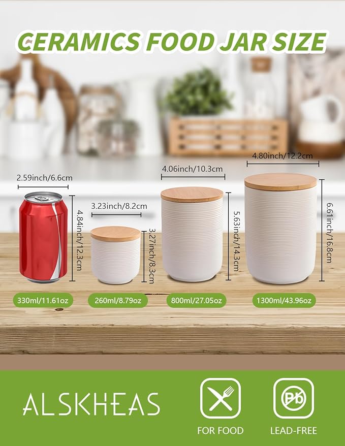 Ceramic Canister with Airtight Seal Lid, Kitchen Canisters for Countertop, White Food Storage Jar for Flour, Coffee Bean, Sugar, Tea, Spices and More, Home Decor (260ml/8.79oz)