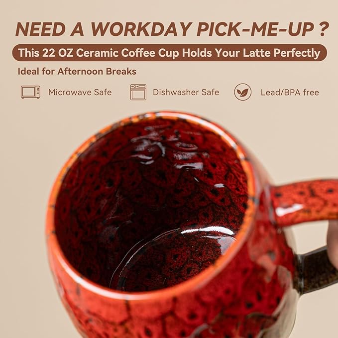 Unique 22OZ Ceramic Coffee Mug with Ergonomic Handle, Microwave & Dishwasher Safe – Red & Green Glazed Ceramic Mug – Gift for Coffee & Tea Lovers, Ideal for Office & Home Use