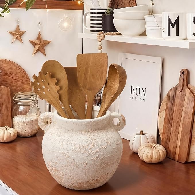 Qinyoung Rustic Kitchen Utensil Holder 6 Inch Small Ceramic Utensil Holder with Handle Vintage Crock Decoration Spatula Organizer for Kitchen Countertop Farmhouse Party Supplies(White,Elegant)