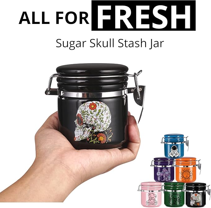 Sugar Skull Stash Jar Half Oz (250ml), Odor Smell Proof Jar Airtight Container Keep Herbs Fresh Storage, Flower Skull Bowl Bottle Holder - Goth Skull Decor Gothic Sugar Skull Gifts for Women -Black