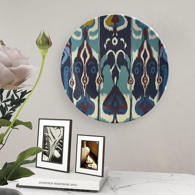 Ikat Indigo Blue Vintage Plates, Customize Wall Hanging Decorative Plate for Kitchen Farmhouse Table Decor, Unique Art with Stand Art Decorations for Home Art Decoration