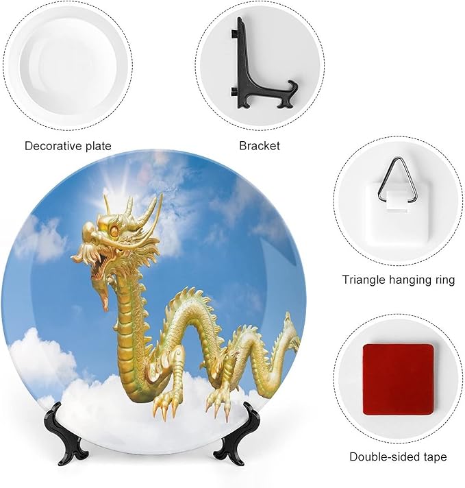 XISUNYA 8 Inch Decorative Plate, Dragon Ceramic Stoneware, Traditional Chinese Dragon Hovering at Cloud Sky Print Ornament Display Plate Decor Accessory for Dining, Parties, Wedding