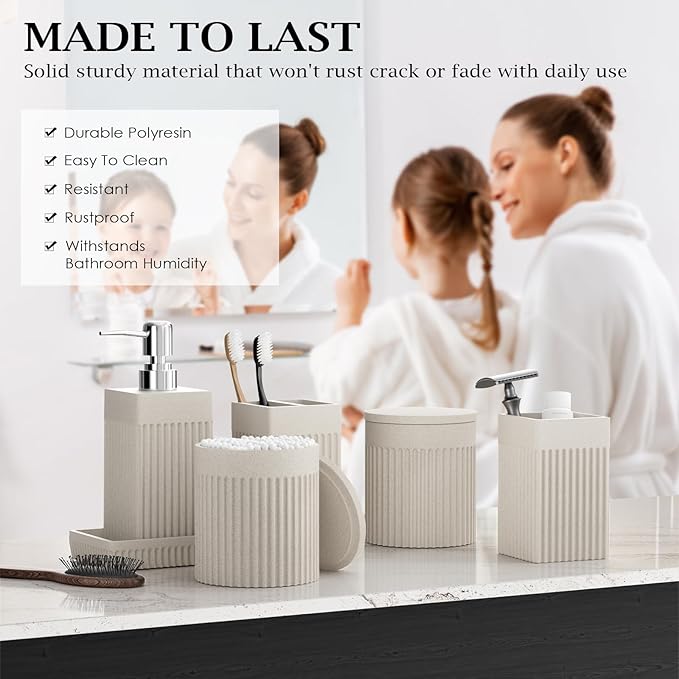6-Piece Beige Bathroom Set - Sleek Resin Bathroom Accessories Set with Soap Dispenser, Toothbrush Holder, Vanity Tray, Tumbler & Apothecary Jars for Small Spaces