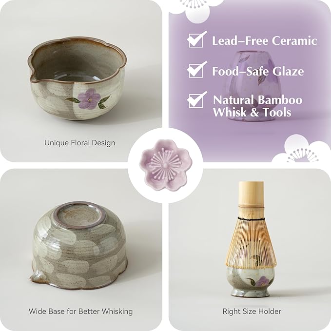 Matcha Whisk Set, 7Pcs Matcha Set with Hand-Painted Ceramic Matcha Bowl, Matcha Whisk and Holder, Scoop and Rest, Sifter, Tea Towel, Artisan Matcha Kit for Ceremony & Gifting (Purple)