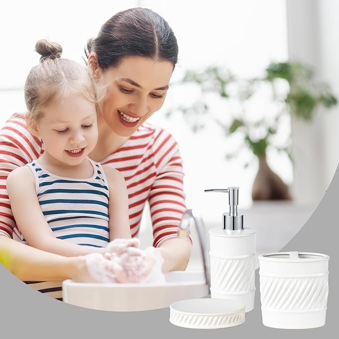 3-Piece Ceramic Bathroom Accessories Set - Soap Dispenser, Toothbrush Holder & Soap Dish with Modern Wave Embossed Design for Bathroom Accessory Set (White)