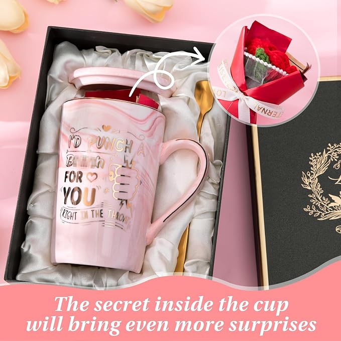 Biching Birthday Gifts for Women, Valentines Day Gifts for Her – 14oz Ceramic Marble Mug with Gold Print and Knitted Bouquet, Funny Gift Set for Mom, Wife, Sister, Bestie, Friendship, Girlfriend