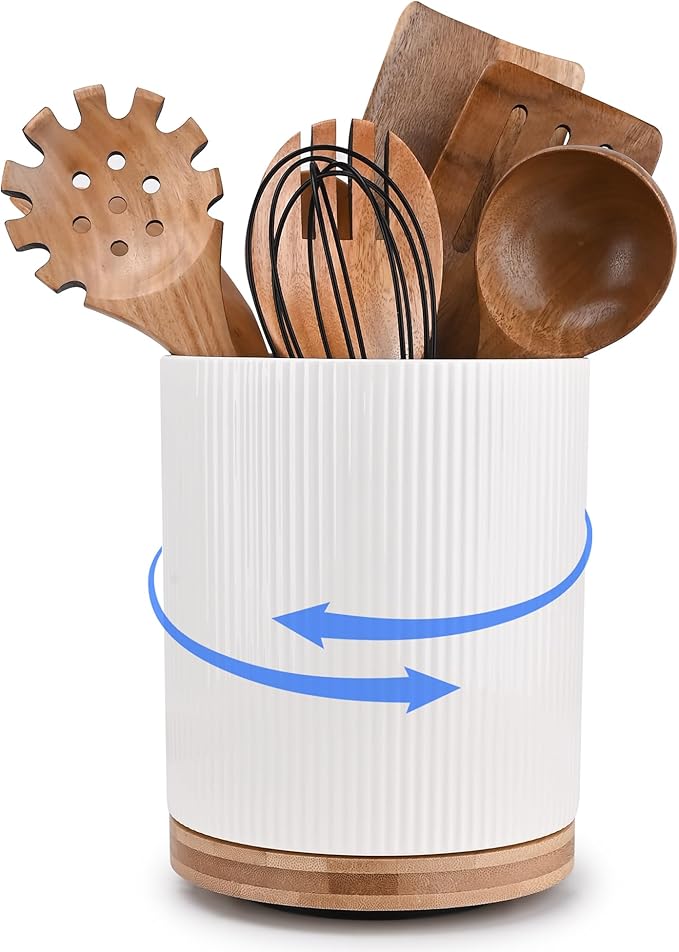 QUELIEN Utensil Holder, 360° Rotating Ceramic Kitchen Utensil Holder for Countertop, 7.7" Utensil Crock for Kitchen Counter with Rotatable Wooden Base,Ideal Housewarming Gift & Mothers Day Gift