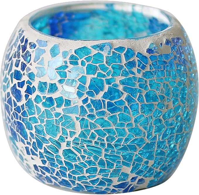 Romantic Mosaic Cracked Candle Holders(NO Candles) Wedding Dinner by Candlelight,Handmade Tea Light Holders Candlescape Bowl for Valentine's,Christmas Table Centerpiece,Party Decor 1 PC(Blue)