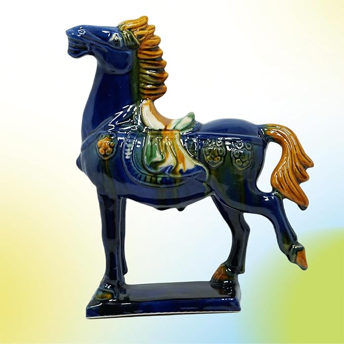 Handmade -Tang Dynasty Tri-Color Horse Sculpture Ceramic Horse-19cm Cultural Art Piece for Home,Bookcase or Office Decor (Blue)